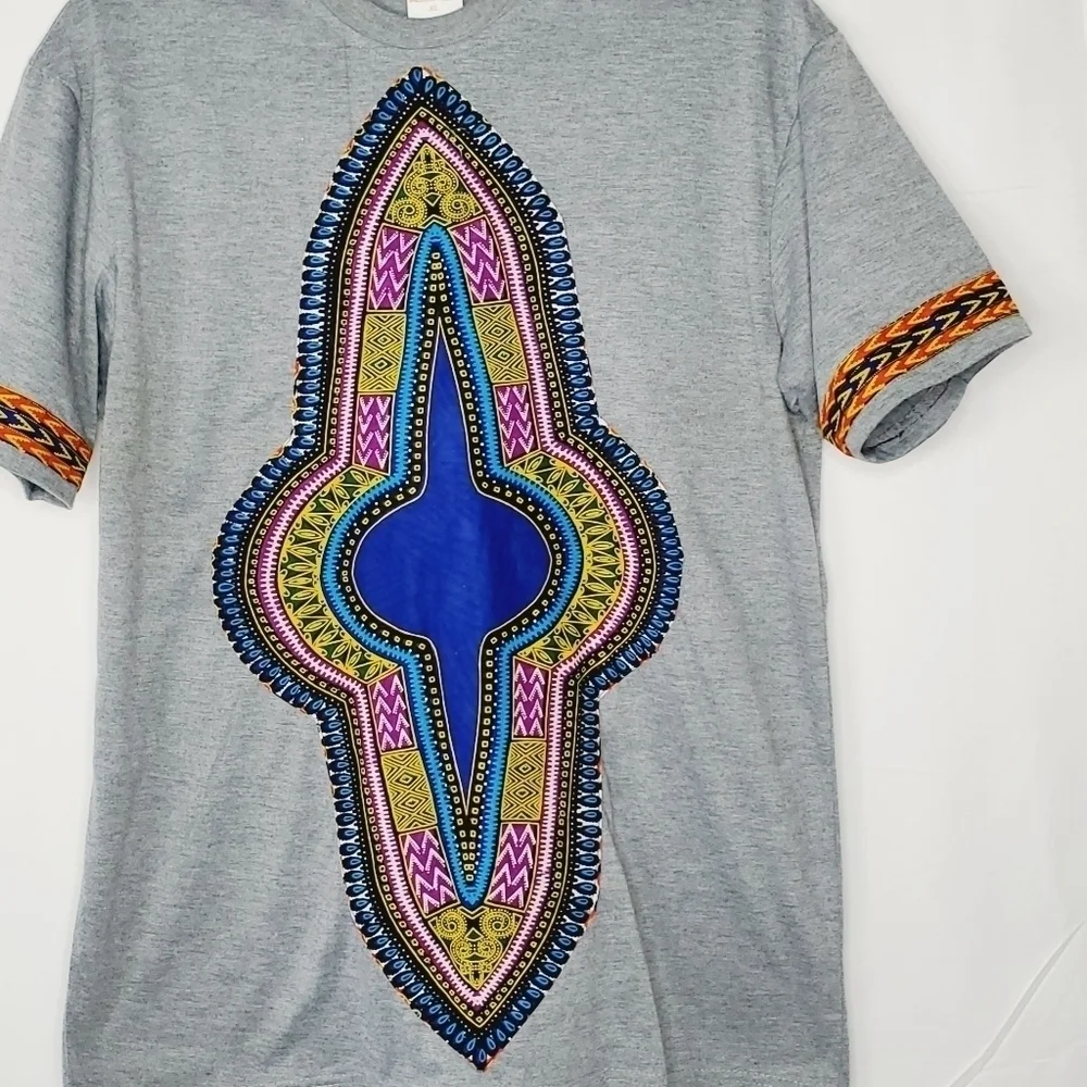 Hoykawim Graphic Cotton Tee Size XL Gray Short Sleeve African Print Shirt - Picture 2 of 10